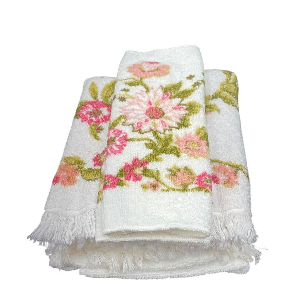 Vintage Callaway Towel Set – 2 Bath 2 Washcloths Peach Pink Roses Daisies NOS